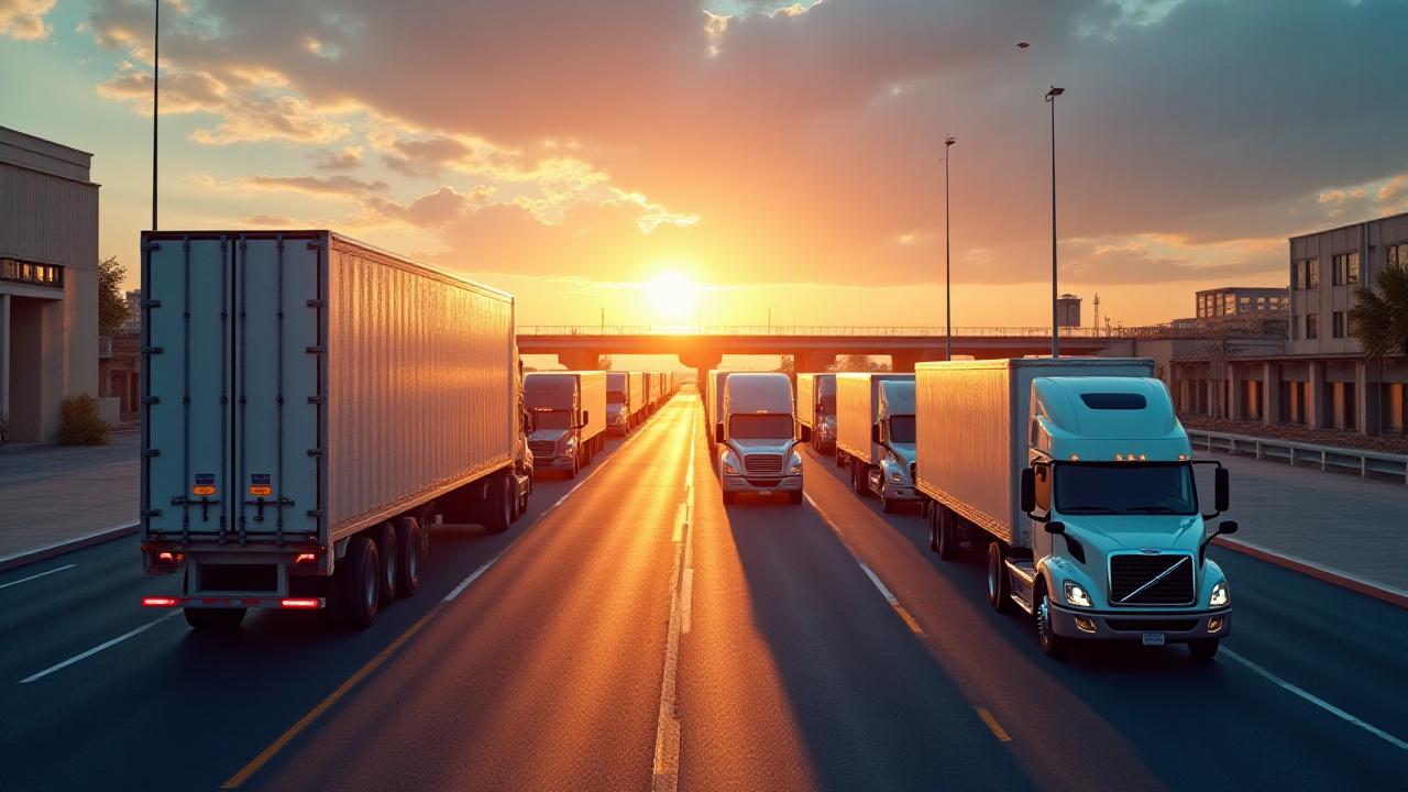 Heavy-duty trucks queuing at a high-tech US-Mexico border crossing port