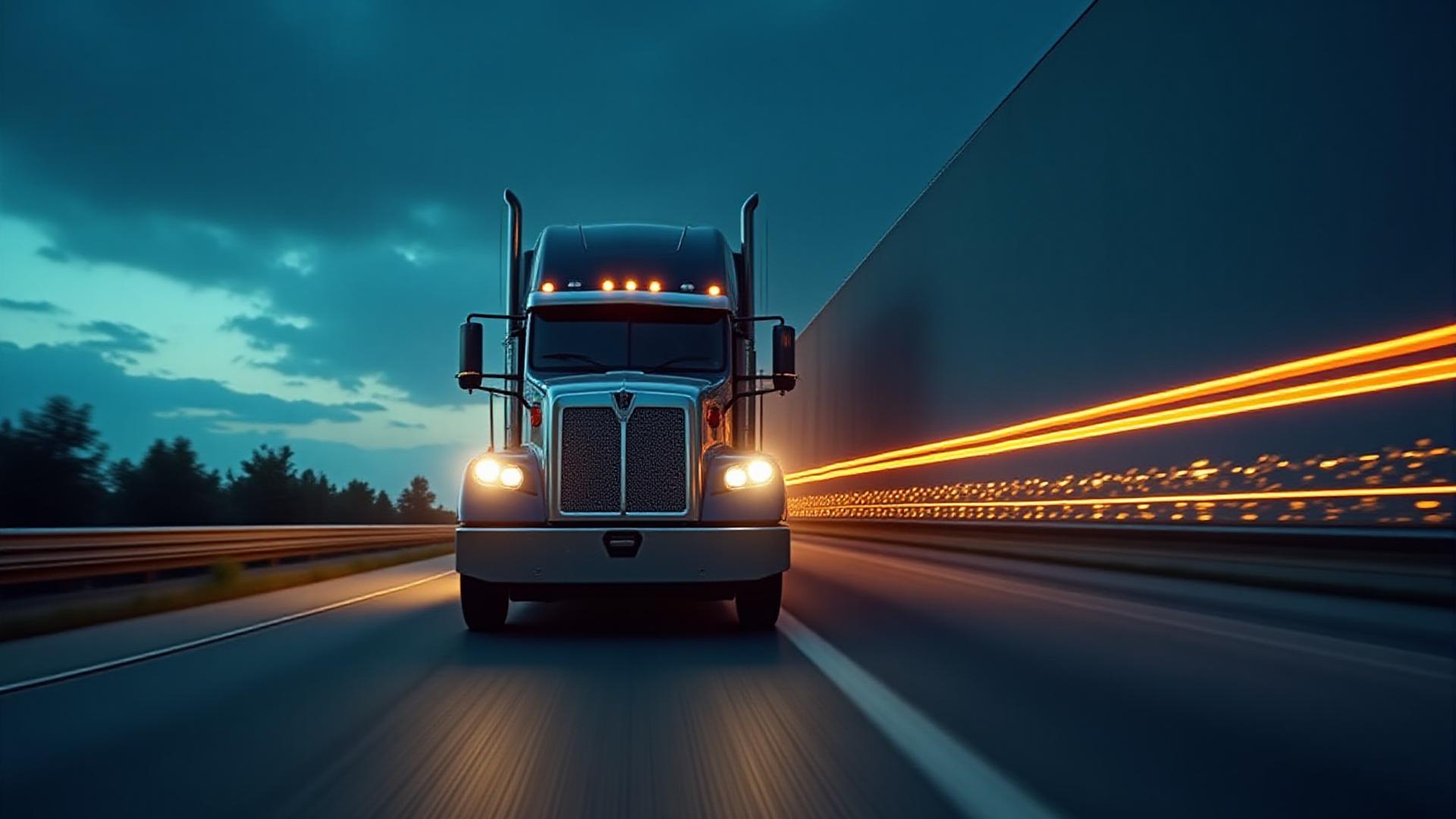 Expedited Tukie Trucking semi-truck moving at night with light trails