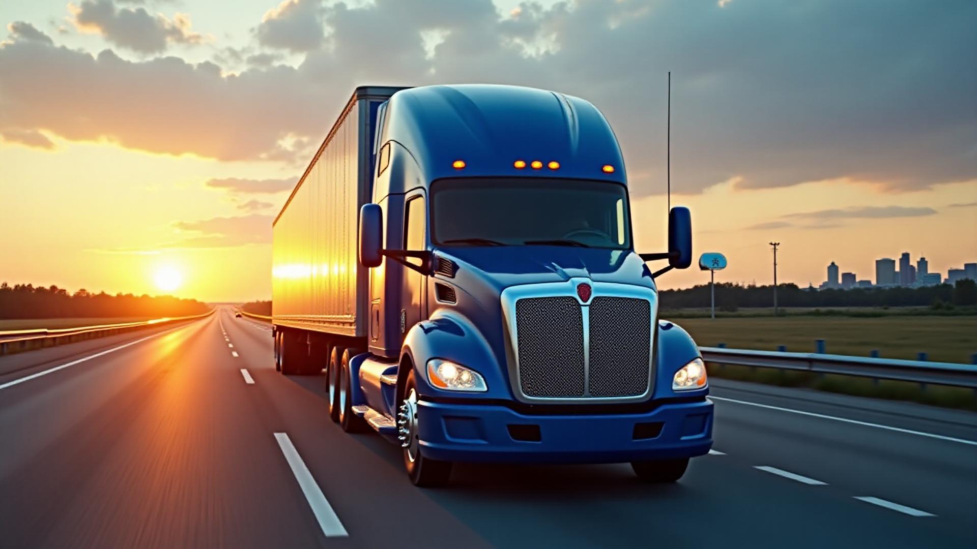 Tukie Trucking heavy-duty semi-truck operating near a Jackson Mississippi landmark at sunset
