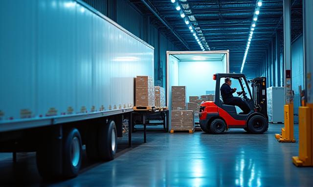 Forklift loading a Tukie Trucking trailer at a modern distribution center