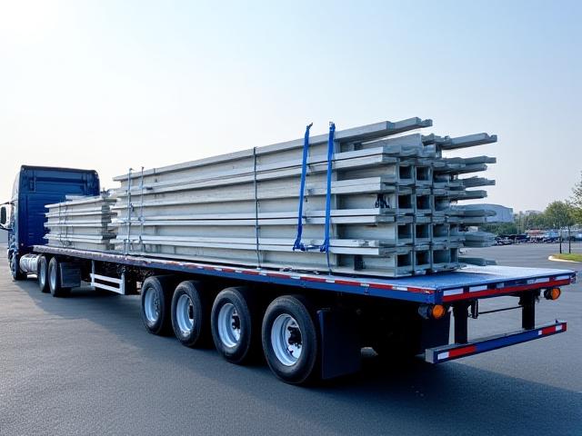 Standard 48-foot flatbed trailer loaded with steel beams