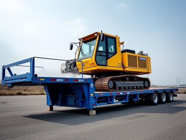 RGN lowboy trailer transporting a heavy excavator