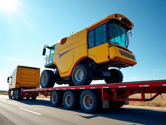 Step deck trailer carrying tall agricultural machinery